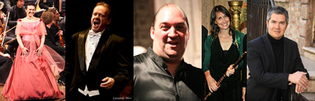 Da destra: Gloria Bellini - soprano, Filippo Pina Castiglioni - Tenore, Valentino Salvini - baritono, Elena Cecconi - flautista, Cristiano Paluan - pianista